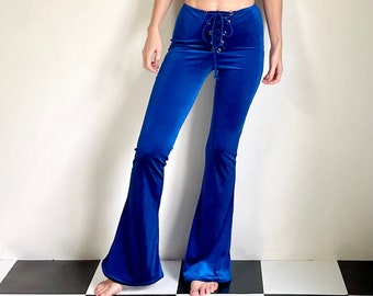 Lace Up Velvet Bells Royal Blue, Bell Bottoms, High Waisted, High Rise, Flare Pants, Grommet Pants, Corset Solid Velvet, Festival, Cobalt