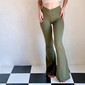 Olive Crossover Flare Leggings, High Waist, Yoga Pants, Flares, Bell Bottoms, V front Leggings, Active Wear, Green Leggings