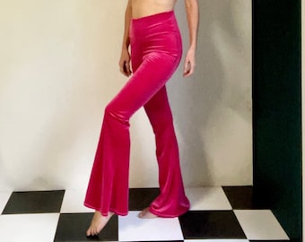 Campanas de terciopelo fucsia, pantalones acampanados, bengalas, pantalones elásticos, hippie, boho, ropa retro, trajes de festival, pantalones hippie, ropa retro