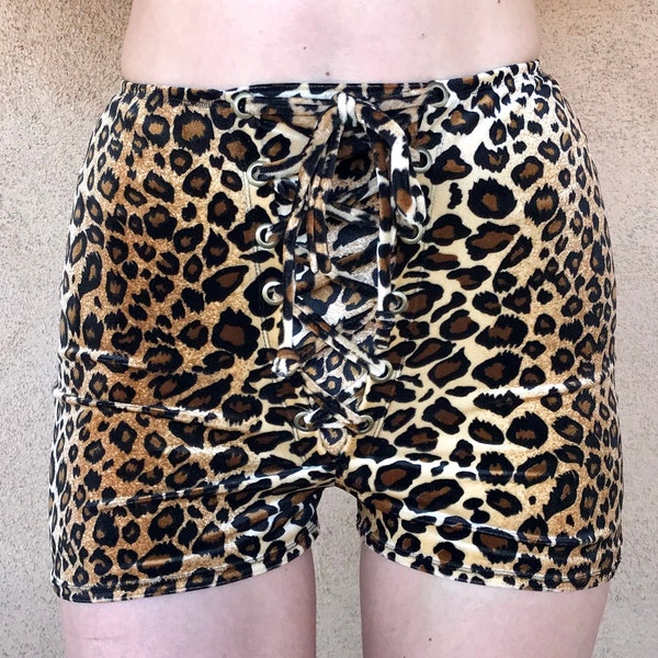 High Waisted Leopard Print Velvet  Lace Up, shorts, boho, stretch, corset, Tie Front, Festival clothing