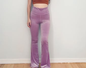 Pantalones acampanados de terciopelo lila, leggings de cintura alta, ropa de festival, pantalones de yoga,