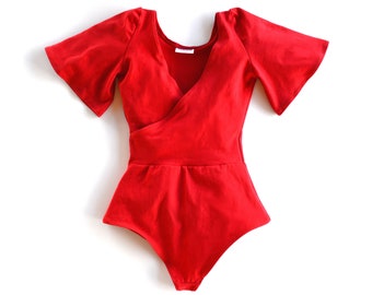 Red Surplice Bodysuit with Flutter Sleeves Thong Back Front Wrap Crisscross Flirty Summer Top Spring Bright Red, short sleeve body suit