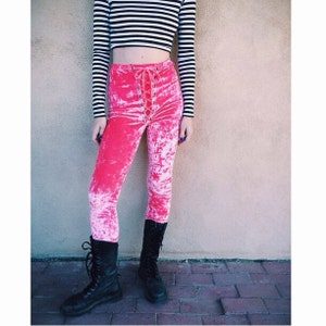 Crushed Velvet Lace Up Leggings, Hot Pink, Grommet Pants, Lace Up Pants, Festival Wear