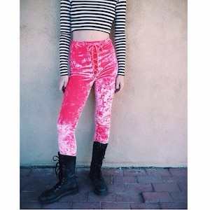 Crushed Velvet Lace Up Leggings, Hot Pink, Grommet Pants, Lace Up Pants, Festival Wear