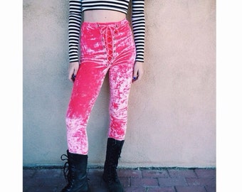 Crushed Velvet Lace Up Leggings, Hot Pink, Grommet Broek, Lace Up Broek, Festival Wear