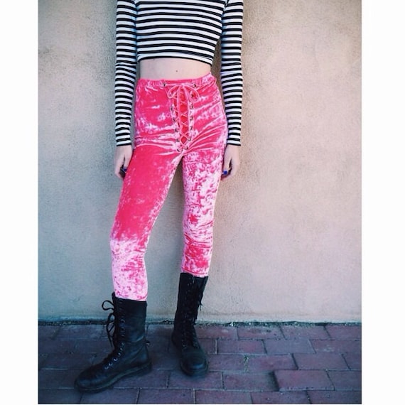 Buy Crushed Velvet Lace up Leggings, Hot Pink, Grommet Pants, Lace