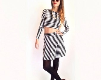 2-Piece Karma Stripe Set Long Sleeve Crop and High Waist Skater Skirt