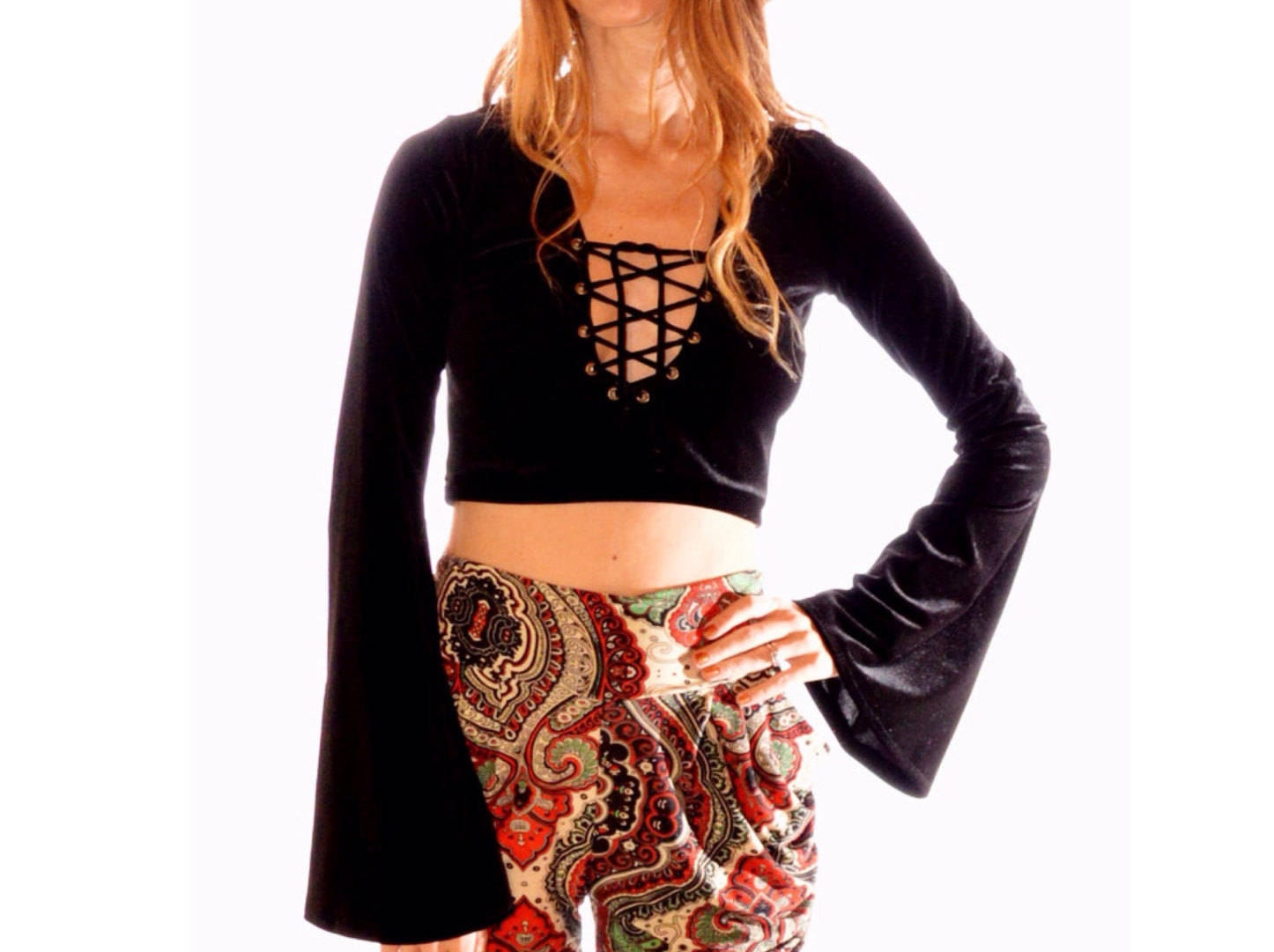 Lace up bell sleeve clearance top