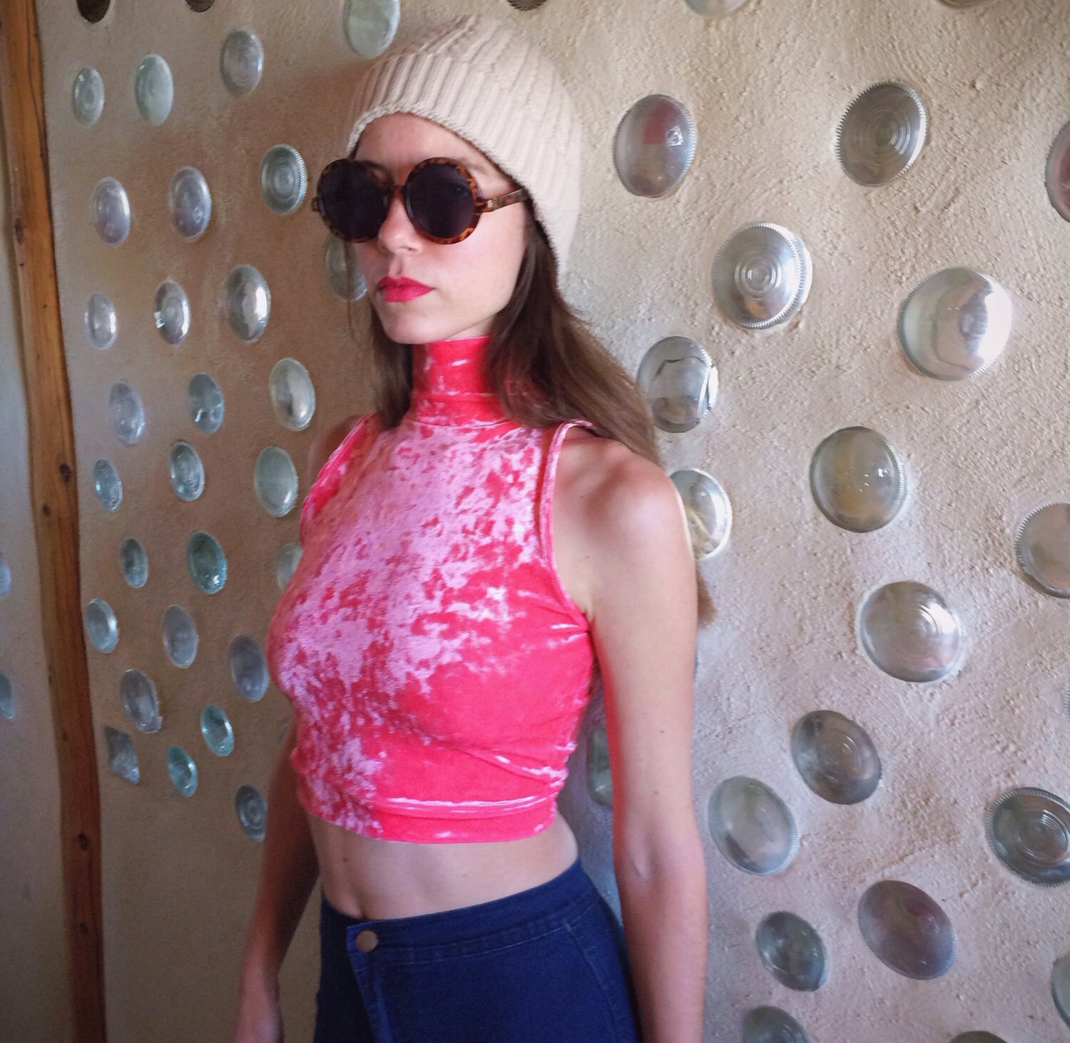 Crushed 3/4 Sleeve 'Lizard' V-Neck with Rhinestones