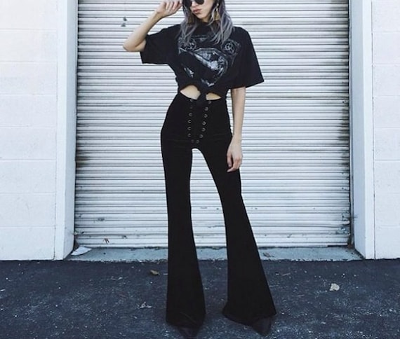 Lace up Velvet Bell Bottoms High Waisted Tie Front Black Velvet Goth  Festival High Rise Grommet Corset Leggings Flare Pants Velvet Flares 