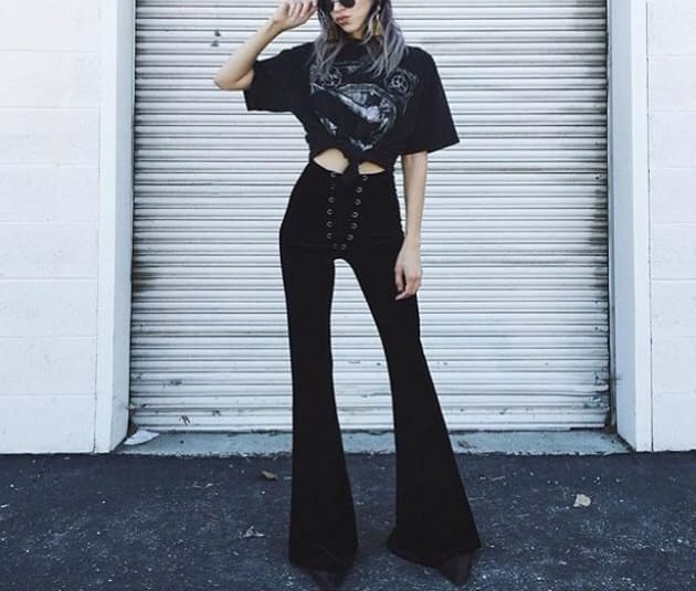 Lace up Velvet Bell Bottoms High Waisted Tie Front Black - Etsy