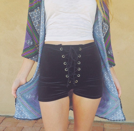 Solid Velvet Lace up Shorts Retro, Festival, Hippie, Boho
