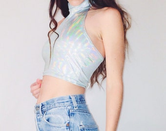 Sleeveless Holographic Turtle Neck Crop, Rave Outfits, EDM Festival Clothing, Holographic Clothing, Burning Man Clothing Women, Crop Top