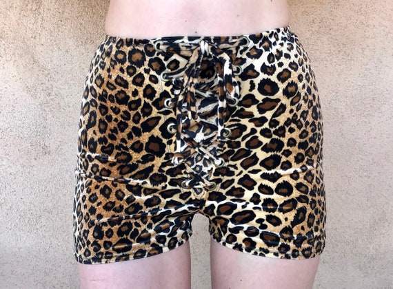 High Waisted Leopard Print Velvet Lace Up, shorts, boho, stretch, corset,  Tie Front, Festival clothing