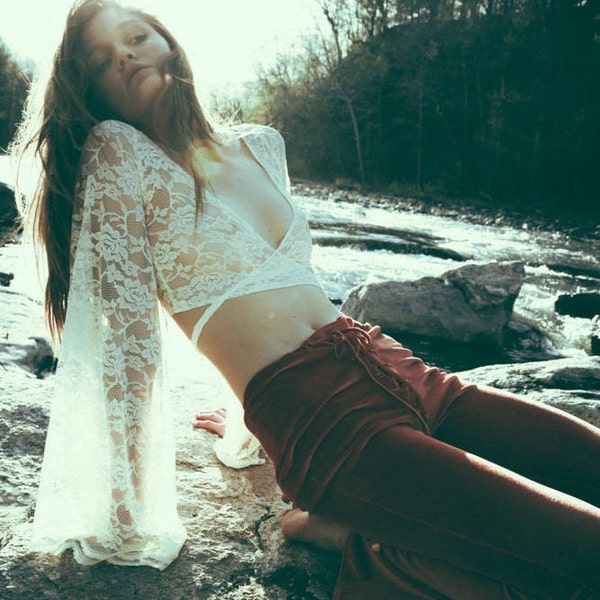 Sheer Festival Top, Ivory Lace Front Tie Top with Huge Bell Sleeves, Foley Hippie, Festival Clothing, Festival Outfits,Lace Crop Top, Wrap