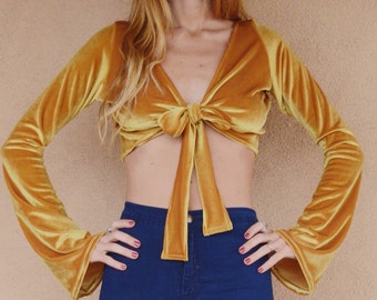 Velvet Crop Top with Front Tie Bell Sleeves Mustard Yellow Velvet Tight Fit Festival Wear Hippie Bohemian Gypsy