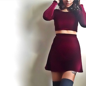 Two Piece Set Long Sleeve Velvet Dress Skirt and Crop Top, Twin Set, Matching Set, Grunge, Velvet Crop Top, Velvet Skirt, Miniskirt set image 1