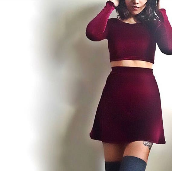 Two Piece Set Long Sleeve Velvet Dress Skirt and Crop Top, Twin