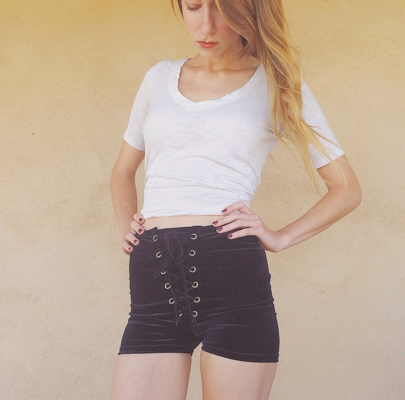 Solid Velvet Lace Up Shorts, Grommet shorts,stretch, festival wear image 2