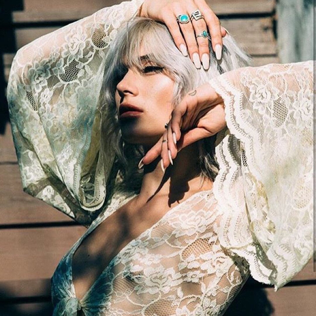 sheer over flare blouse（ivory） Ivory Lace Tie Top With Bell Sleeves, Sheer, Front Tie Top