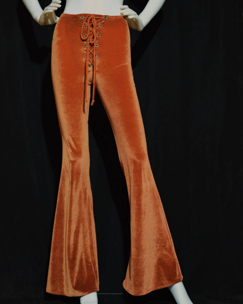 Lace Front Rust Velvet Bells, Bell Bottoms, High Waisted, High Rise, Flare Pants, Grommet Pants, Corset Solid Velvet, Festival Clothing image 3