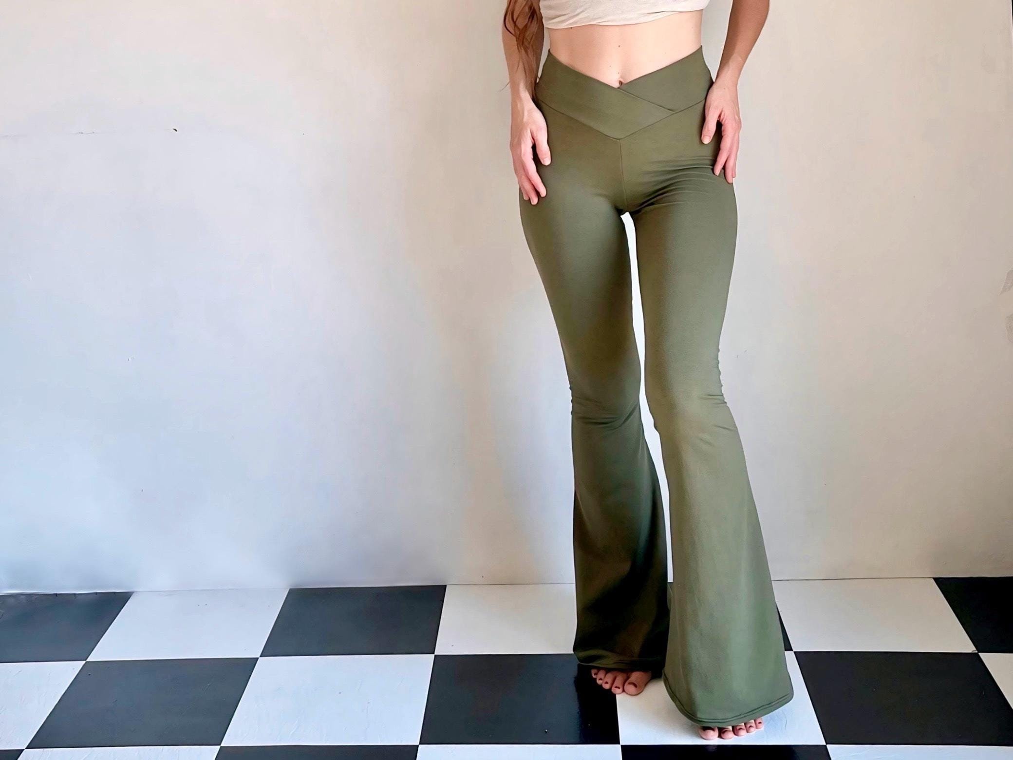 Olive Crossover Flare Leggings, High Waist, Yoga Pants, Flares, Bell Bottoms, V front Leggings, Active Wear, Green Leggings