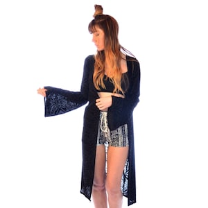 Burnout Black Velvet Duster with Bell Sleeves, Kimono, Festival Clothing Women, Duster Robe, Burning Man Clothing Women, Goth Clothing