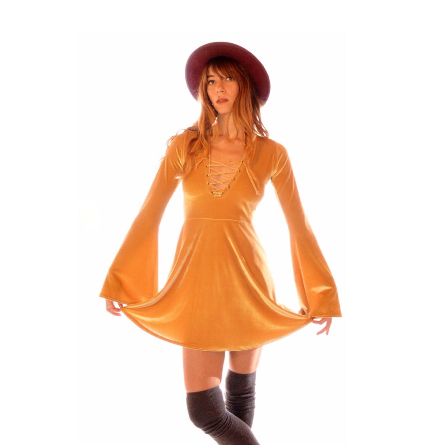 Velvet Lace up Dress With Bell Sleeves, Mini Dress, Skater
