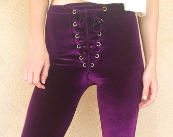 Lace Up Velvet Flares, Bell Bottoms, High Waist, High Rise, Made to Order, Purple, Solid Velvet, Flare Pants, Festival Clothing, Retro Pants