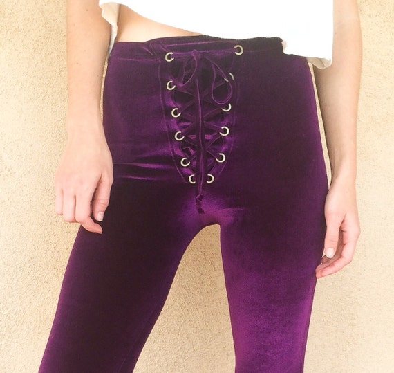 Lace up Velvet Flares, Bell Bottoms, High Waist, High Rise, Made to Order,  Purple, Solid Velvet, Flare Pants, Festival Clothing, Retro Pants 