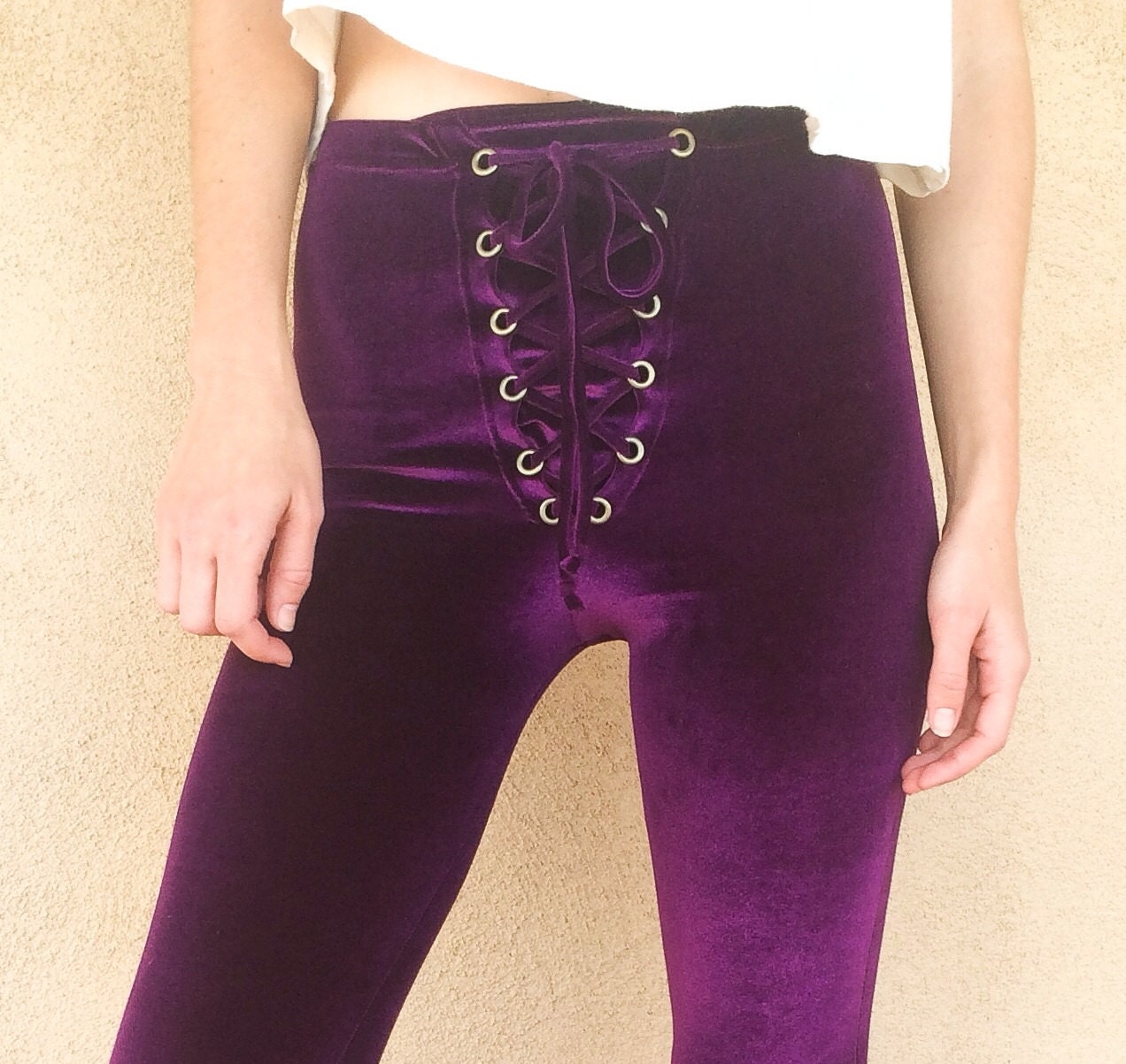 Lace up Velvet Flares Bell Bottoms High Waist High Rise Made