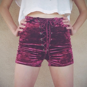 Crushed Velvet Lace Up Shorts, High Waist, Grommets, Festival Wear Corset Shorts Velvet shorts made to order Tie up shorts