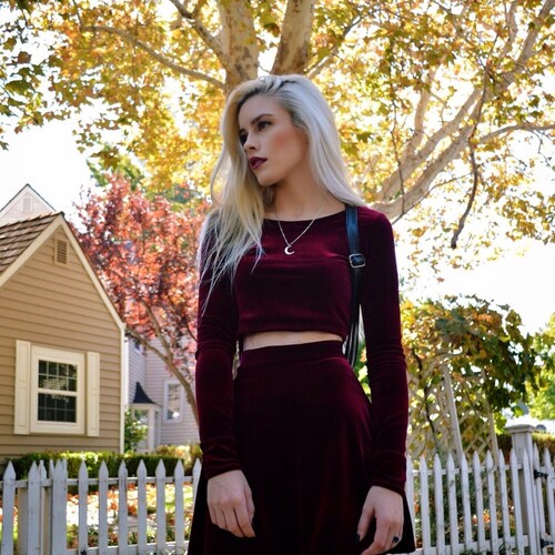 HomeCookedKarma Two Piece Set Long Sleeve Velvet Dress, Matching Set, Twin Set, Burgundy Velvet