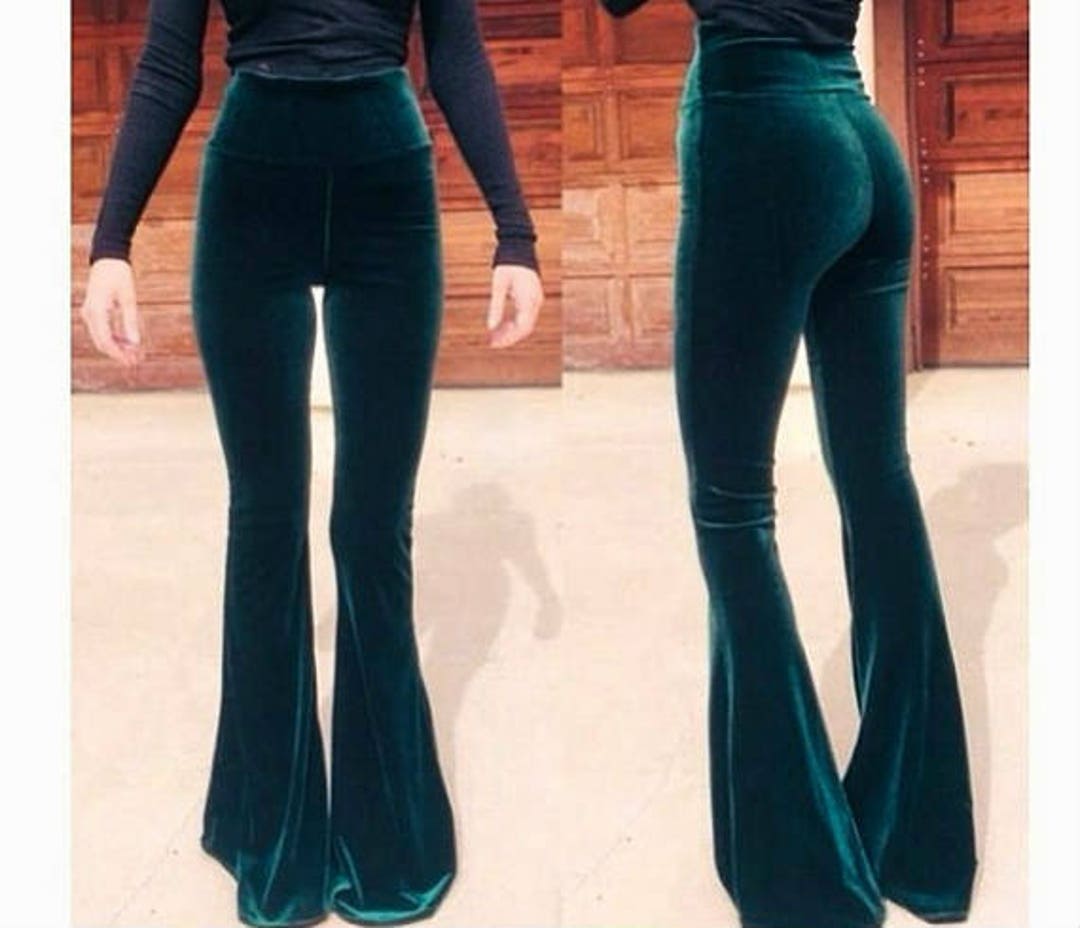 Velvet Bell Bottoms High Waist Flares Festival Clothing Dark Green Solid  Velvet Stretchy Pants Hippie Boho Festival Wear Tight High Rise 