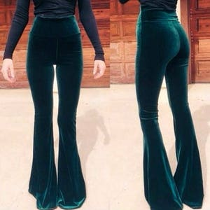 Velvet Bell Bottoms High Waist Flares Festival Clothing Dark Green Solid Velvet Stretchy Pants Hippie Boho Festival Wear Tight High Rise image 1