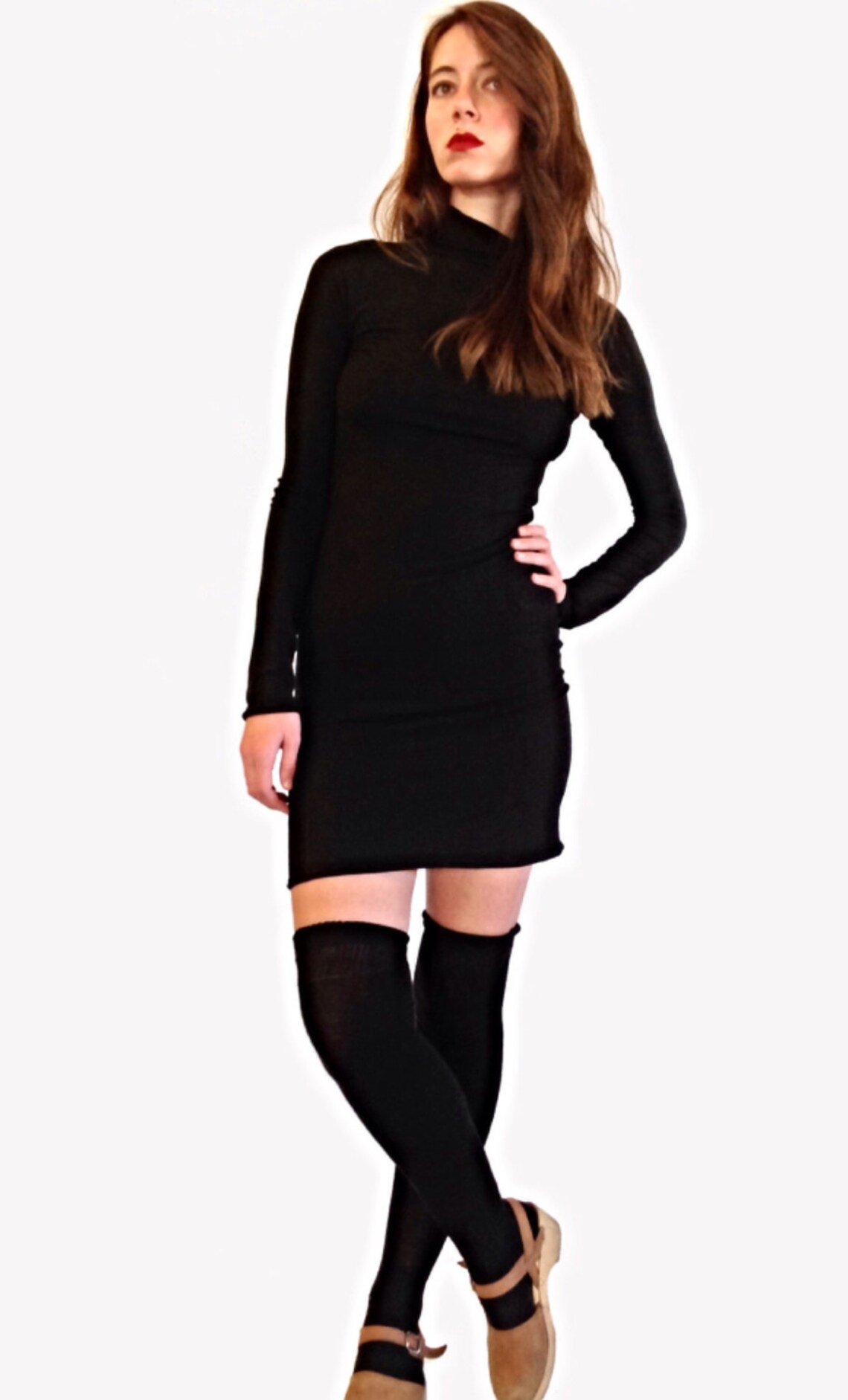 black print long sleeve dress turle neck /XL with stretch