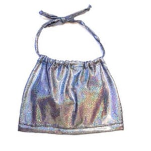 May include: A silver iridescent halter top with a gathered neckline and adjustable straps.