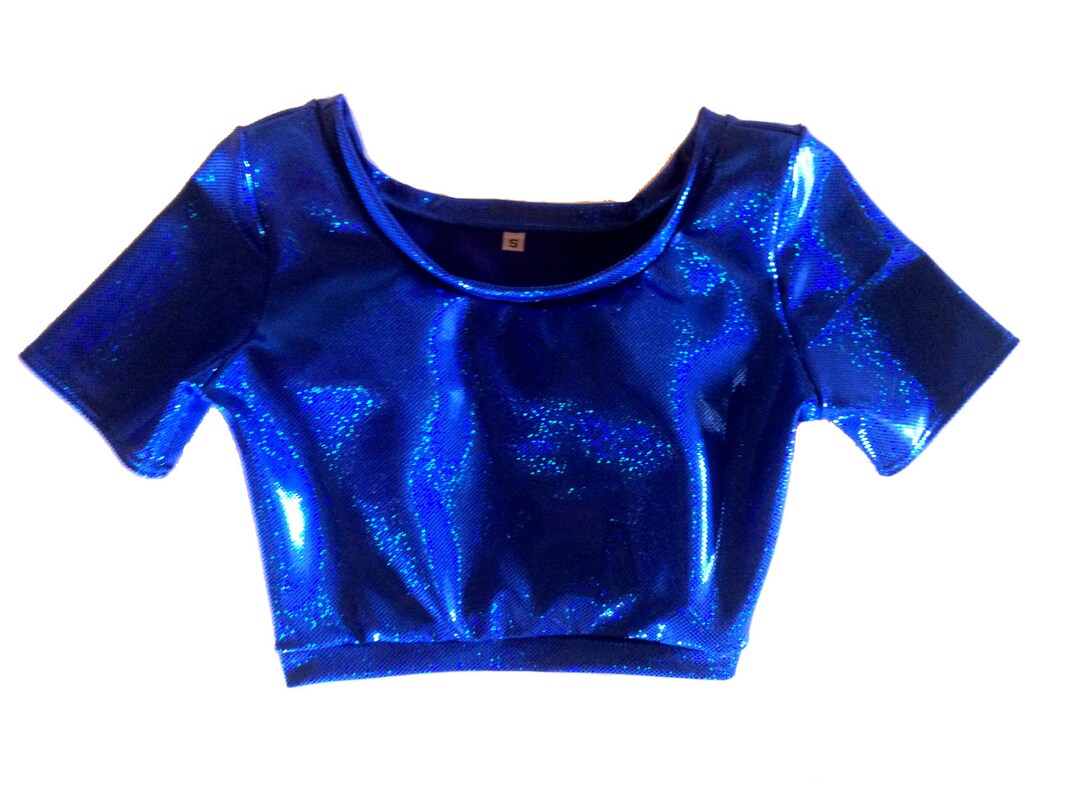 Teletech Rave Blue Tops Blue Holographic Short Sleeve Crop, Rave Wear, Festival Clothing ...