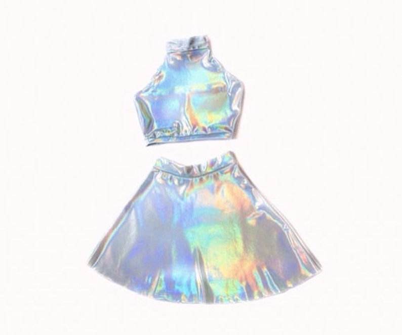 Hologram Two Piece Set Holographic TWIN SET Sleeveless Turtle Neck Crop and High Waist Skater Skirt Matching Set