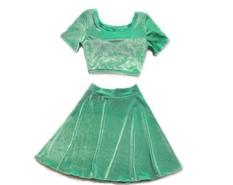 Two Piece Set Short Sleeve Velvet Dress, Matching Set, Mint Velvet, Twin Set High Waist Skater Skirt Crop Top Stretch Knit Festival