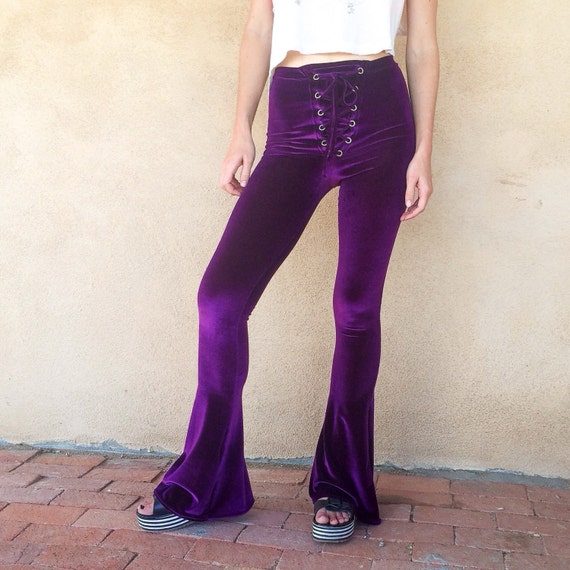 Lace up Velvet Flares, Bell Bottoms, High Waist, High Rise, Made to Order,  Purple, Solid Velvet, Flare Pants, Festival Clothing, Retro Pants -   Canada