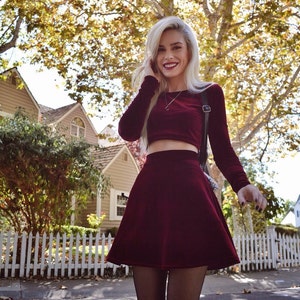 Two Piece Set Long Sleeve Velvet Dress Skirt and Crop Top, Twin Set, Matching Set, Grunge, Velvet Crop Top, Velvet Skirt, Miniskirt set image 2