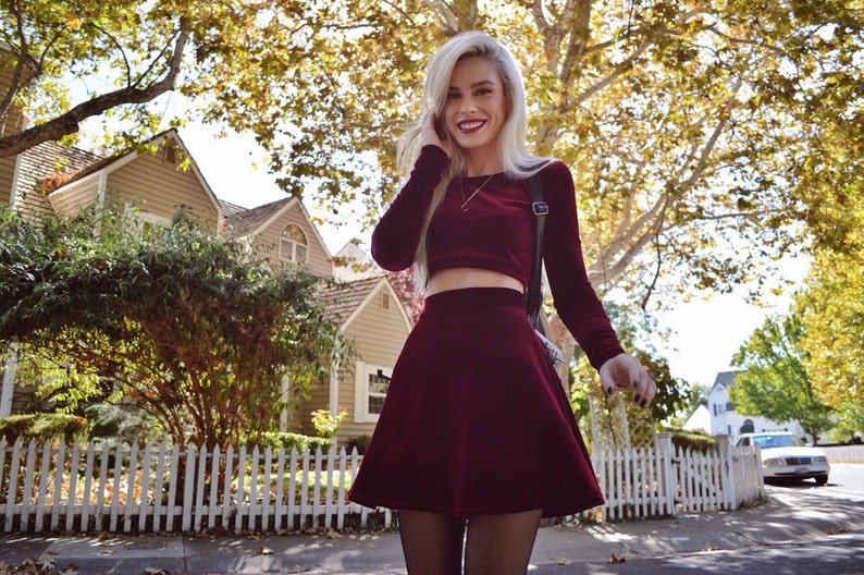 Two Piece Set Long Sleeve Velvet Dress Skirt and Crop Top, Twin Set, Matching Set, Grunge, Velvet Crop Top, Velvet Skirt, Miniskirt set image 2