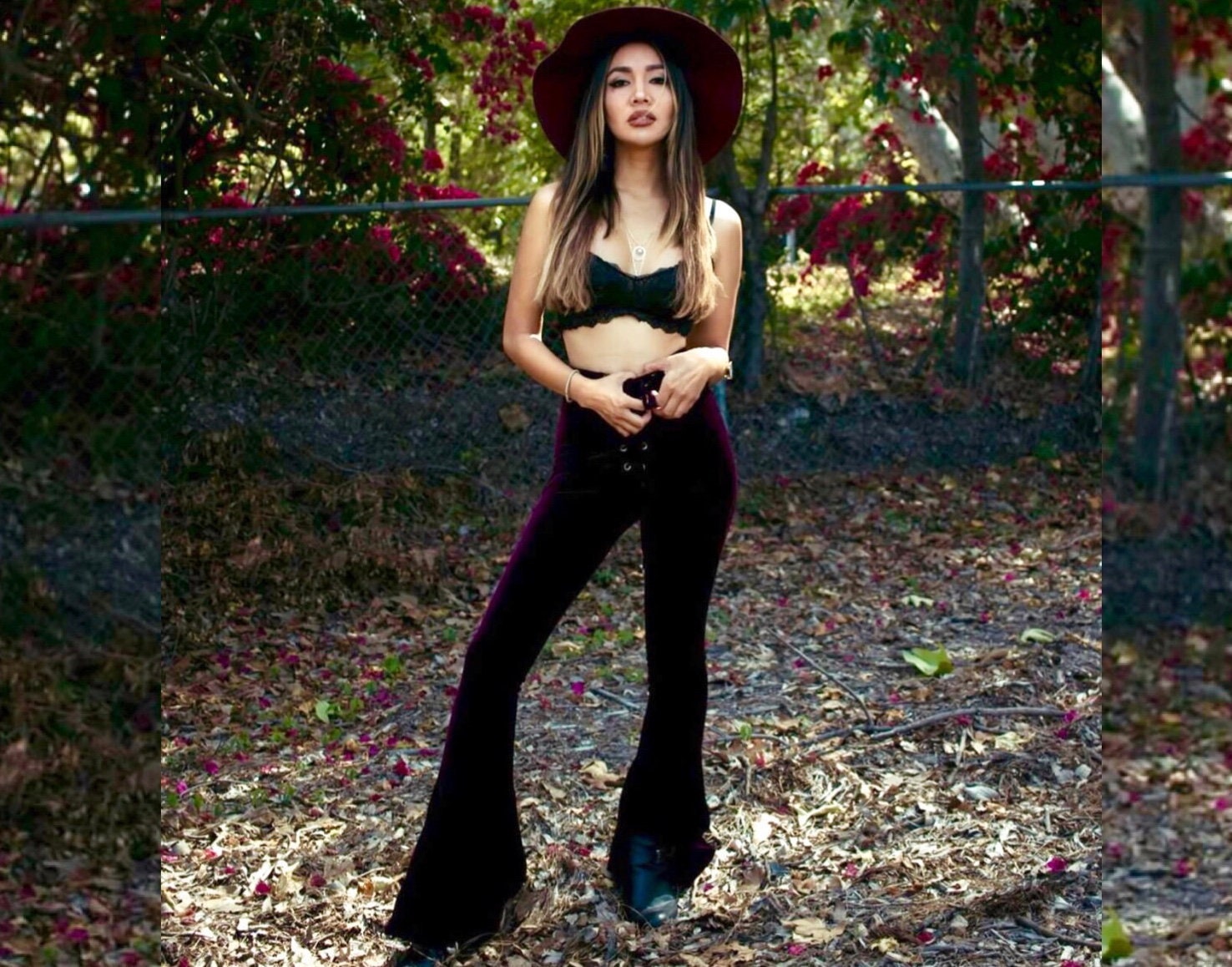 Lace up Velvet Bell Bottoms High Waisted Tie Front Burgundy
