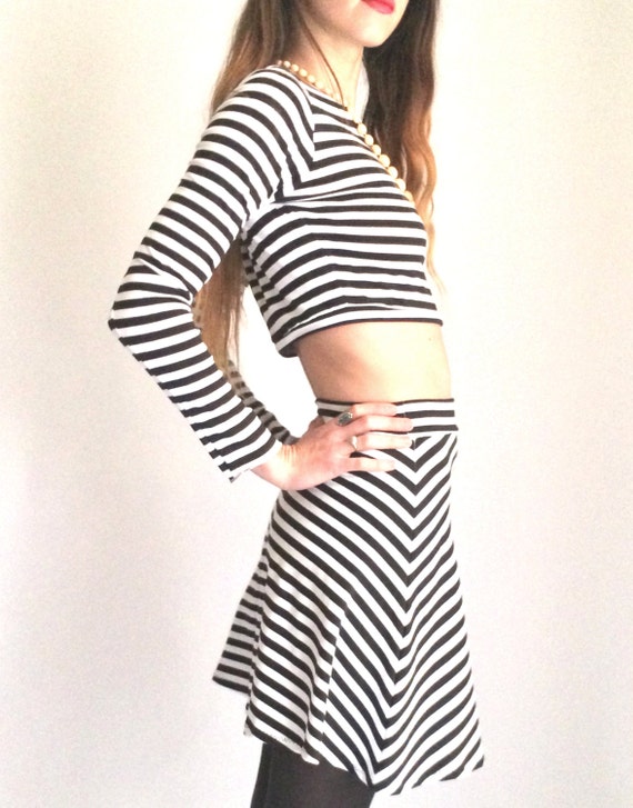 2 Piece Karma Stripe Set Long Sleeve Crop and High Waist Skater Skirt
