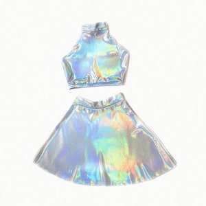 Matching Set, Festival Outfit, Holographic Clothing, High Neck Crop Top, High Waist Mini Skirt Metallic, Rave, Burningman image 2