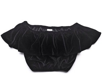 Off the Shoulder Ruffle Crop in Solid Velvet