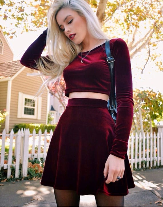 Burgundy velvet top skater dress
