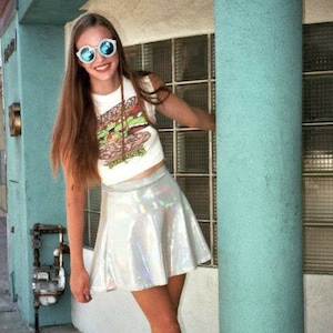 Holographic Skater Skirt, Festival Clothing, Hologram Mini Skirt, Metallic, Short High Waist Skiry