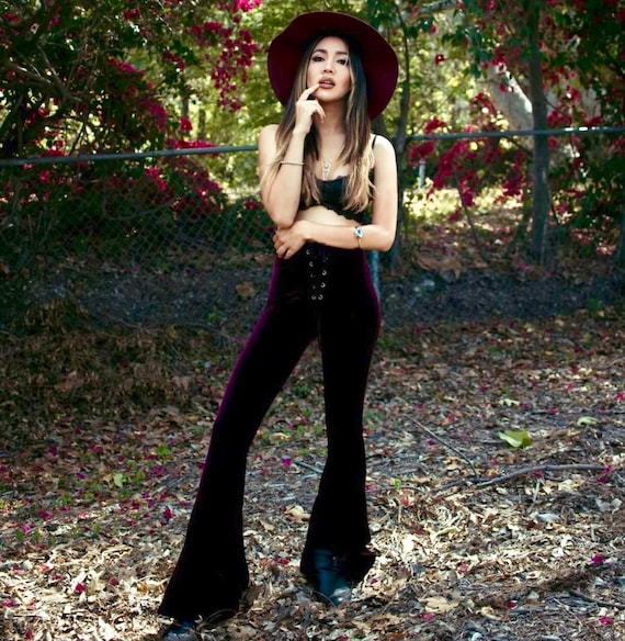 Lace up Velvet Bell Bottoms High Waisted Tie Front Burgundy